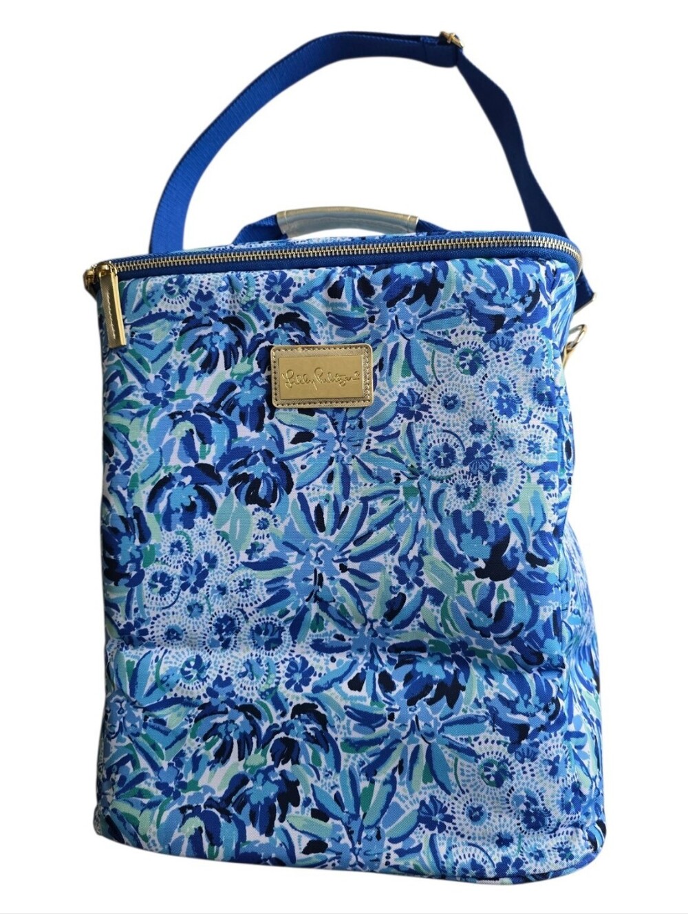 Lilly Pulitzer Blue Aqua Floral & Gold Wine Carrier Tote with Shoulder Strap
